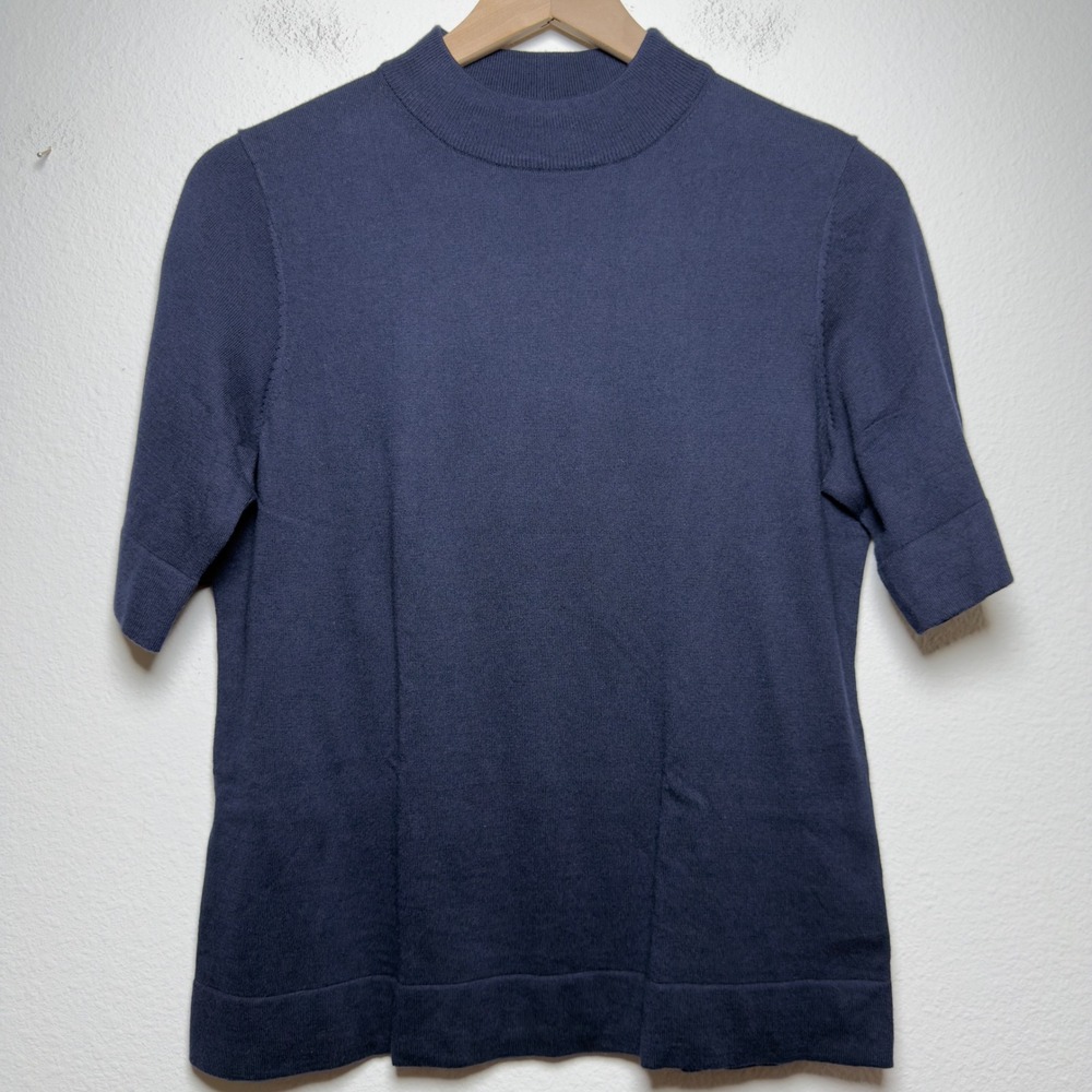 y2k Women Cotton Silk Mock Neck Sweater Large Blue Short Sleeve Preppy Luxury